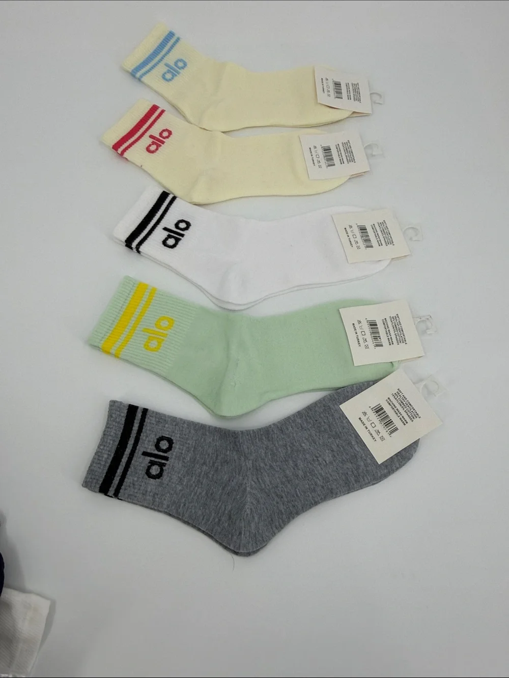 ALO Yoga  Crew Socks Pack – Cream, White, Mint, Gray with Accent Stripes 5 Pairs